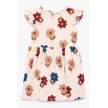 Rochie cu pliuri si model floral - Maro/Roz prafuit