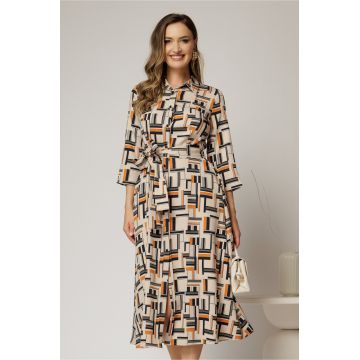 Rochie de zi midi bej cu imprimeuri caramizii tip camasa cu cordon in talie