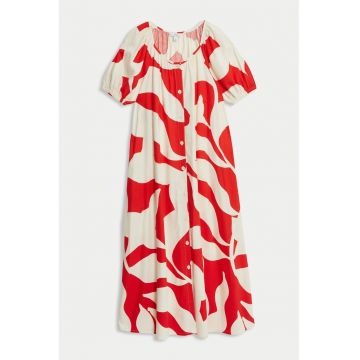 Rochie din amestec de in cu nasturi - Rosu/Alb fildes