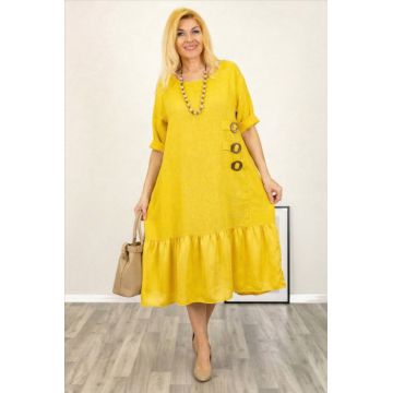 Rochie din in cu volan din matase si nasturi decorativi in laterala, galbena