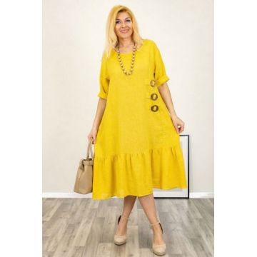 Rochie din in cu volan din matase si nasturi decorativi in laterala, galbena