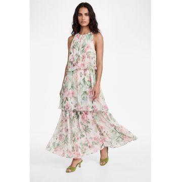 Rochie din sifon cu model stratificat si floral - Verde/Roz
