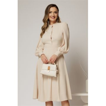 Rochie DY Fashion bej din triplu voal cu guler tunica si nasturi tip floare