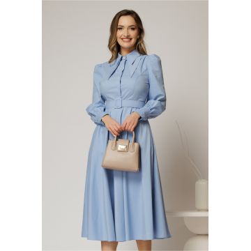 Rochie DY Fashion bleu din poplin cu guler dublu si curea in talie
