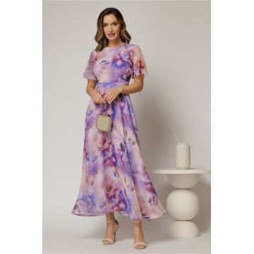 Rochie DY Fashion lunga cu imprimeu lila din voal creponat cu rijelina