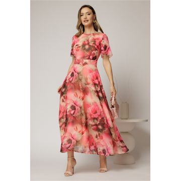 Rochie DY Fashion lunga cu imprimeu rosu zmeura din voal creponat cu rijelina