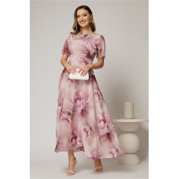 Rochie DY Fashion lunga cu imprimeu roz din voal creponat cu rijelina