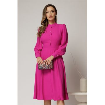 Rochie DY Fashion magenta din triplu voal cu guler tunica si nasturi tip floare