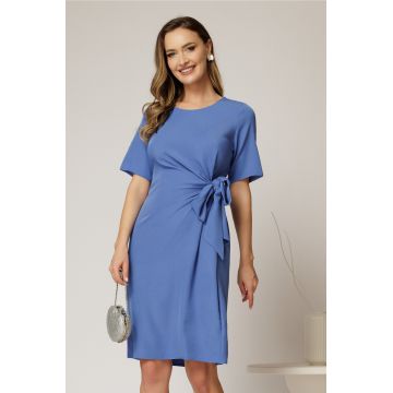 Rochie DY Fashion midi albastra cu nod in talie si adaos de viscoza