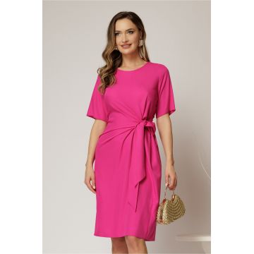 Rochie DY Fashion midi fucsia cu nod in talie si adaos de viscoza