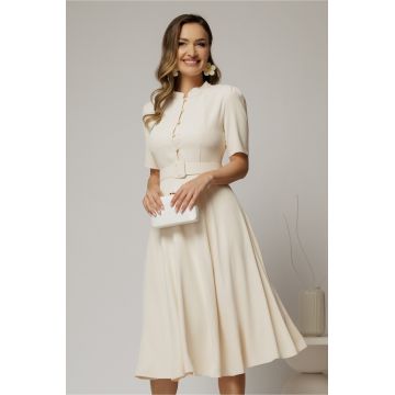 Rochie DY Fashion midi ivoar in clos din triplu voal cu nasturi la bust si curea in talie