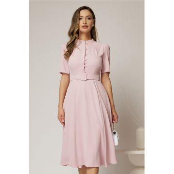 Rochie DY Fashion midi roz in clos din triplu voal cu nasturi la bust si curea in talie
