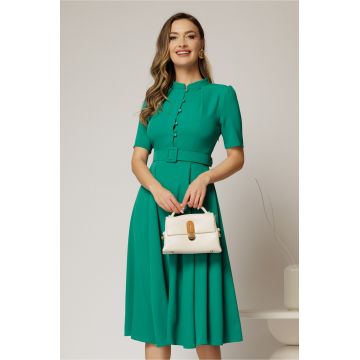 Rochie DY Fashion midi verde in clos din triplu voal cu nasturi la bust si curea in talie