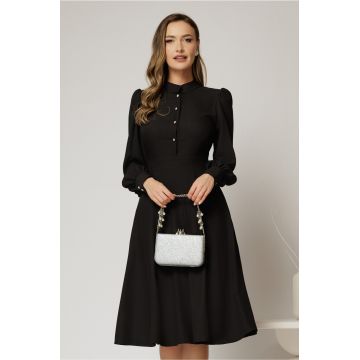 Rochie DY Fashion neagra din triplu voal cu guler tunica si nasturi tip floare