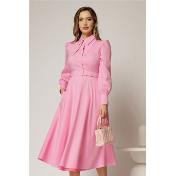 Rochie DY Fashion roz din poplin cu guler dublu si curea in talie