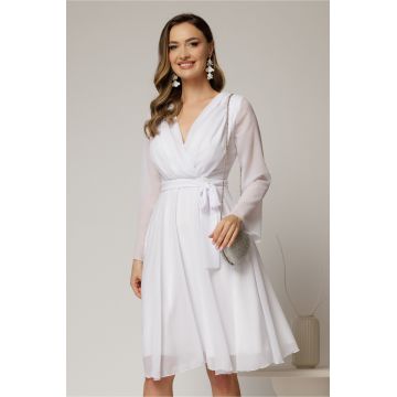 Rochie DY Fashion scurta din voal alb cu decolteu petrecut si cordon in talie