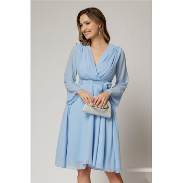 Rochie DY Fashion scurta din voal bleu cu decolteu petrecut si cordon in talie