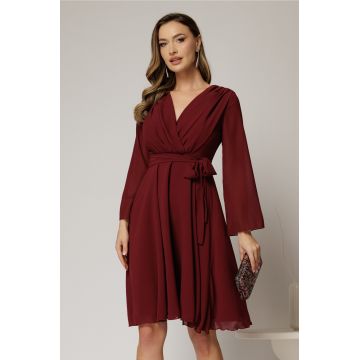 Rochie DY Fashion scurta din voal bordo cu decolteu petrecut si cordon in talie