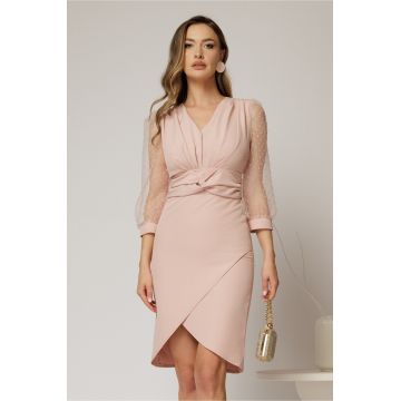 Rochie DY Fashion scurta roz cu talia impletita si maneci bufante