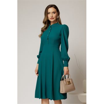 Rochie DY Fashion turcoaz din triplu voal cu guler tunica si nasturi tip floare