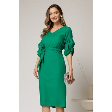 Rochie DY Fashion verde cu adaos de viscoza cu croi drept si maneci bufante