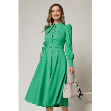 Rochie DY Fashion verde din poplin cu guler dublu si curea in talie
