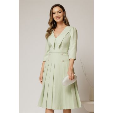Rochie DY Fashion verde fistic cu decolteu cu guler ascutit si fusta plisata