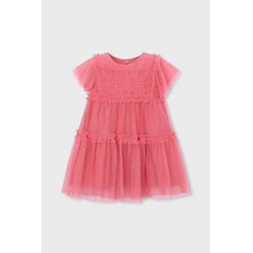 Rochie evazata cu buline si material exterior de plasa - Roz