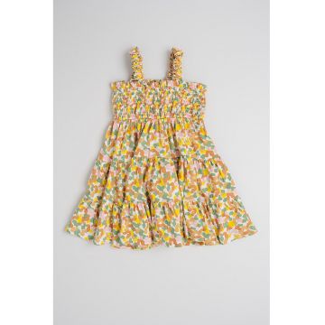 Rochie evazata cu model abstract - Alb/Verde/Roz prafuit