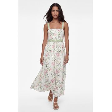Rochie lunga cu model floral - Verde/Roz/Crem