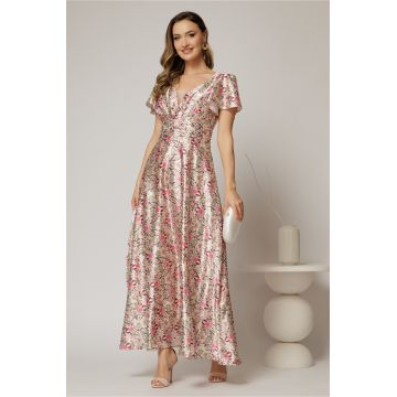 Rochie lunga de ocazie cu imprimeuri roz din material satinat
