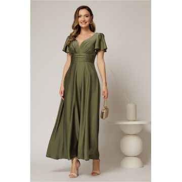 Rochie lunga kaki de ocazie cu decolteu adanc si maneci scurte evazate