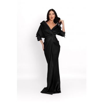 Rochie maxi de satin cu decolteu pe umeri - Negru