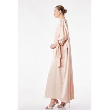 Rochie maxi din satin cu maneci 3/4 - Roz somon