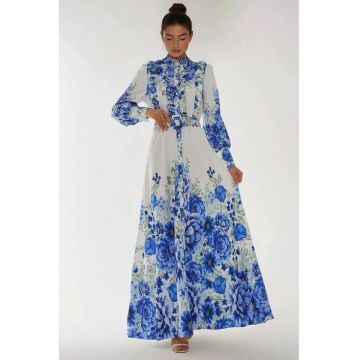 Rochie maxi  maneca lunga - imprimeu floral - albastru - textil