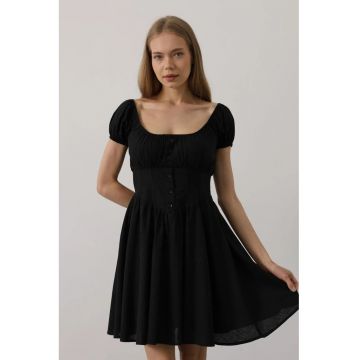 Rochie Midi  A-Line cu guler patrat - detalii nasturi - Negru - bumbac - poliester - elastan