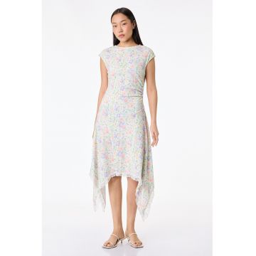 Rochie midi asimetrica cu model floral - Crem