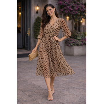 Rochie midi bej cu bulinute negre