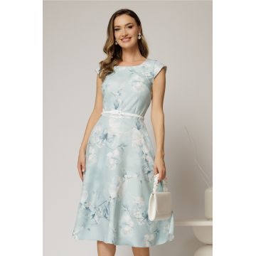 Rochie midi bleu cu flori in clos cu buzunare si curea in talie