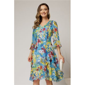 Rochie midi bleu cu imprimeuri din voal cu croi lejer si decolteu in V