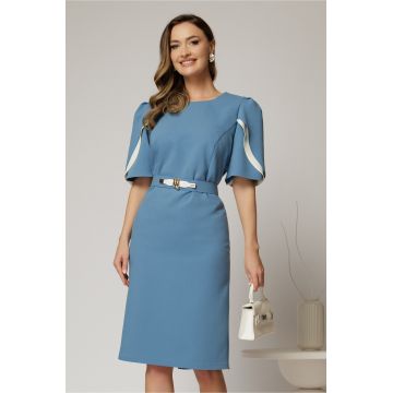 Rochie midi bleu din stofa cu croi conic si detalii ivory la maneci