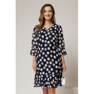 Rochie midi bleumarin cu buline, croi lejer si volanase la fusta
