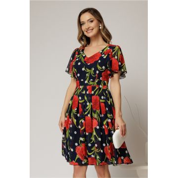 Rochie midi bleumarin cu imprimeu din voal cu decolteu in V si pliuri pe fusta