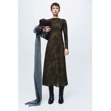 Rochie midi cu animal print si maneci lungi - Maro inchis