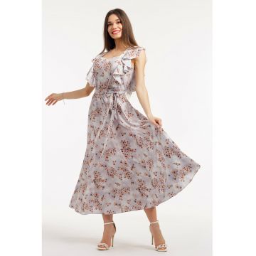 Rochie midi cu croiala in A  - model si cordon in talie - Maro/Lila pal/Roz