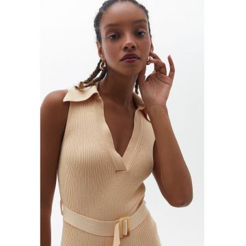 Rochie midi cu decolteu in V - Maro camel