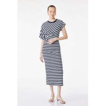 Rochie midi cu model in dungi - Alb/Bleumarin