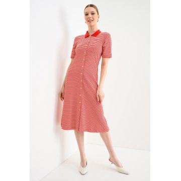 Rochie midi cu nasturi si dungi - Rosu/Alb
