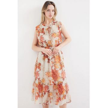 Rochie midi dama  imprimeu floral - poliester - Rosu inchis