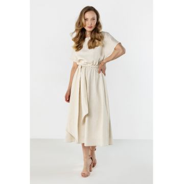 Rochie midi dama -  in/viscoza - cordon in talie - bej